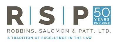 Robbins, Salomon & Patt text logo with large R S P letters and a blue box with white words reading 50 years